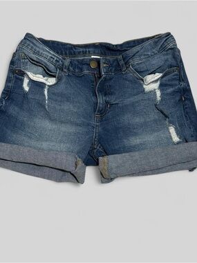 Mid-Rise Dark Blue Rolled Hem Distressed Jean Shorts